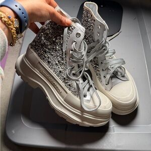 Alexander McQueen Women's Silver and White High-Top Sneakers